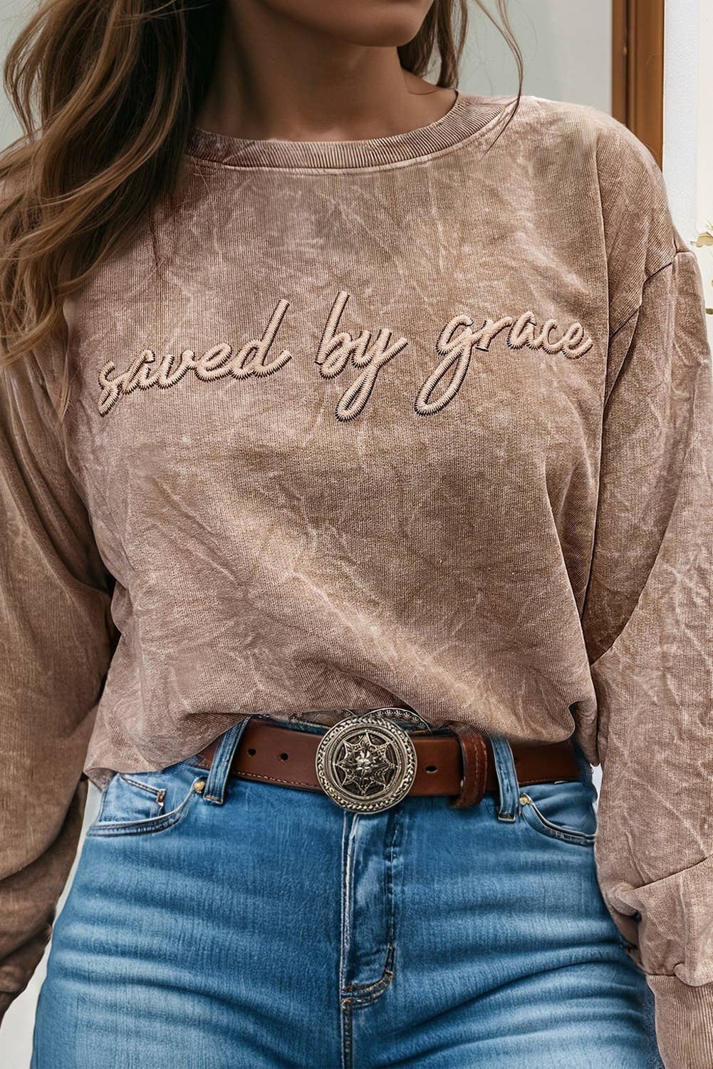 LDC saved by grace Letter Embroidery Mineral Wash Sweatshirt