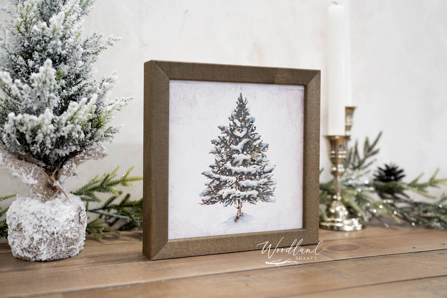 Snowy Tree Art Sign – 8x8 Rustic Winter Decor, Solid Wood Frame, Farmhouse Christmas Decoration