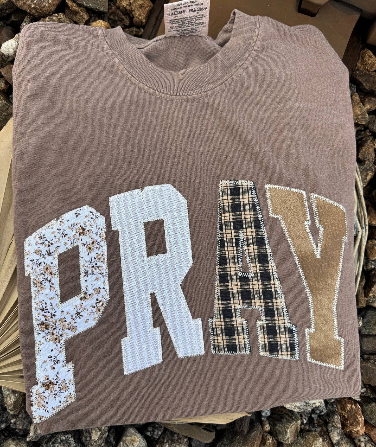 “PRAY” Handmade Applique Embroidered Tee – Vintage Mocha Faith Shirt