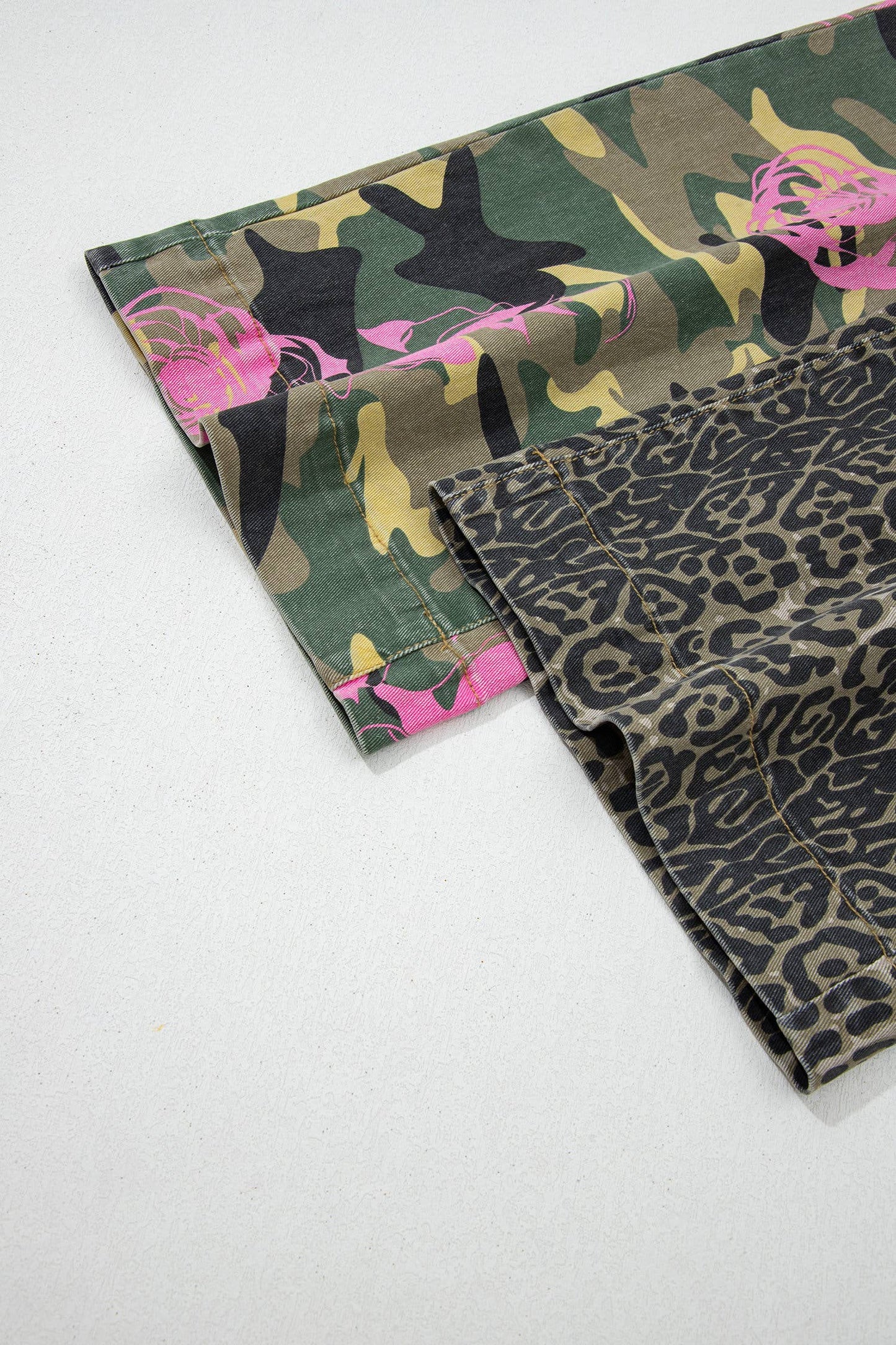66 Abstract Camo Print Leopard Patchwork Straight Leg Jeans