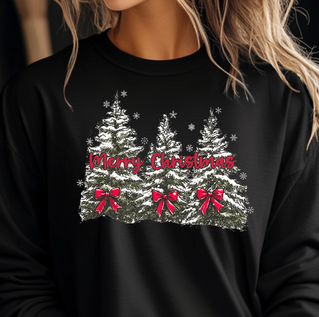 Merry Christmas Sweatshirt – Snowy Christmas Trees Crewneck, Vintage Holiday Tee, Red Bow Christmas Shirt, Cozy Winter Unisex Pullover