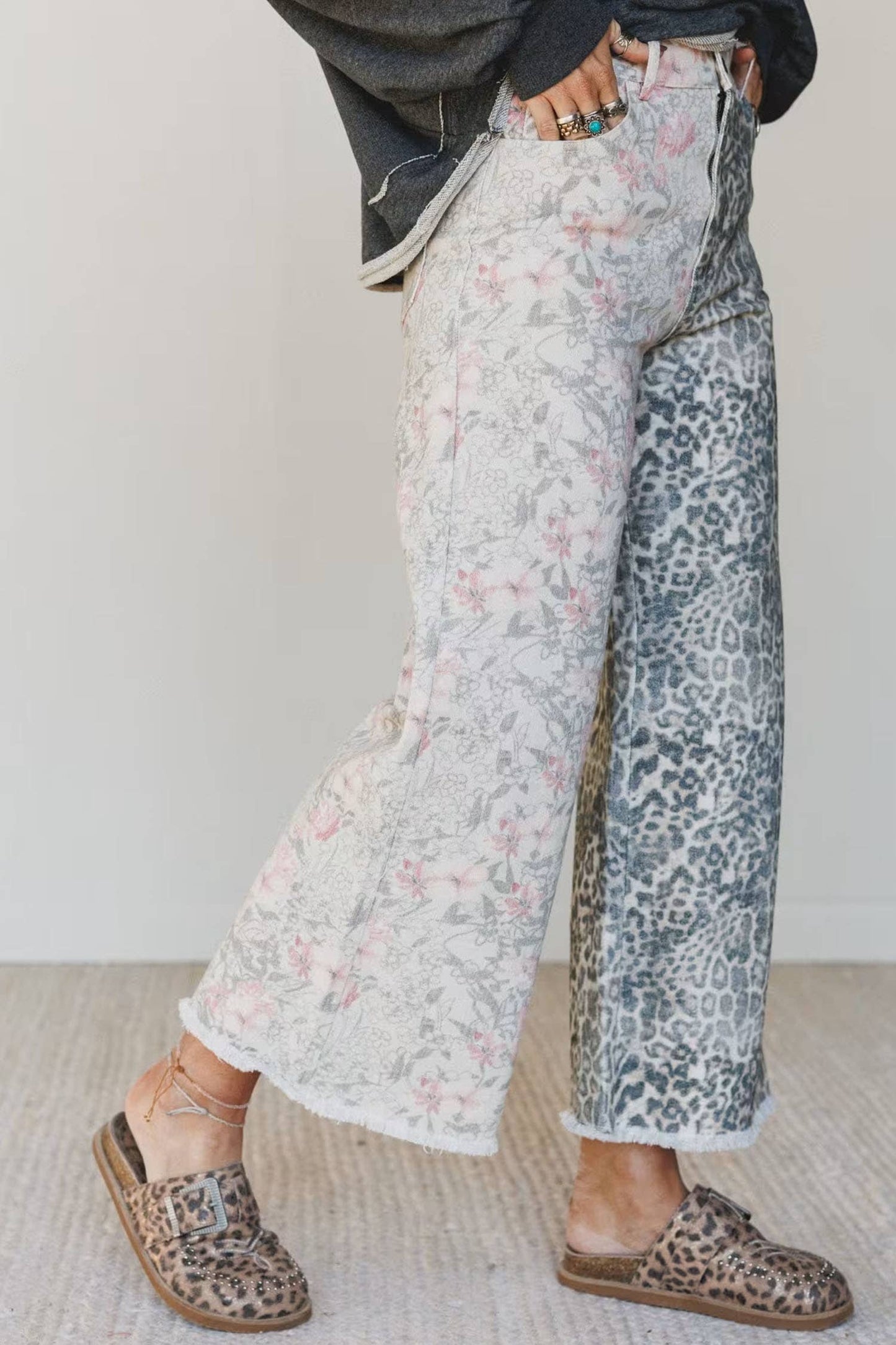 66 Abstract Camo Print Leopard Patchwork Straight Leg Jeans