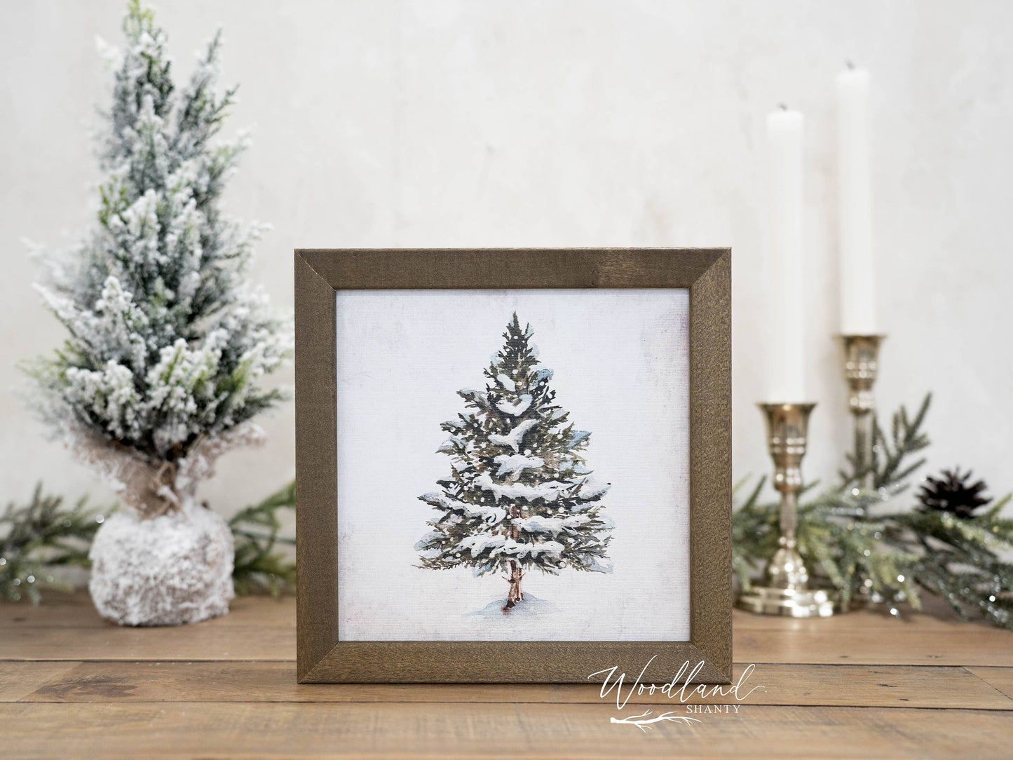 Snowy Tree Art Sign – 8x8 Rustic Winter Decor, Solid Wood Frame, Farmhouse Christmas Decoration