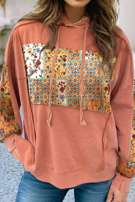 LDC Mix Floral Patchwork Side Slit Drawstring Hoodie