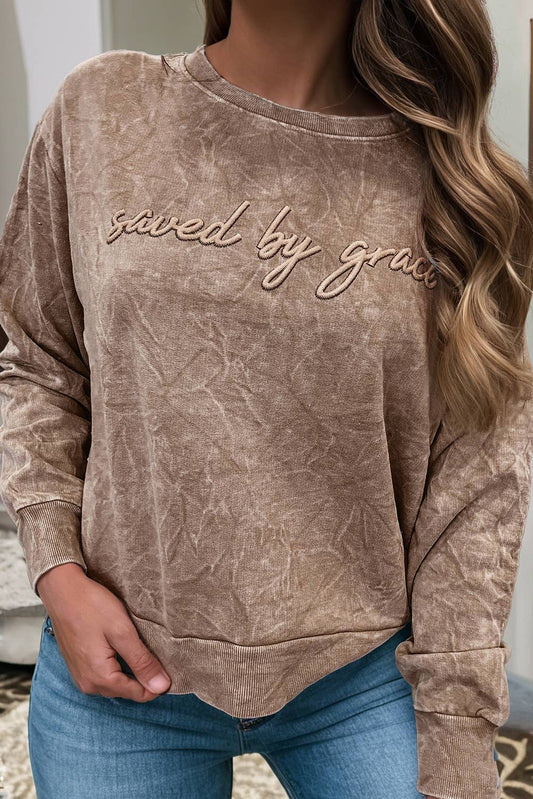LDC saved by grace Letter Embroidery Mineral Wash Sweatshirt