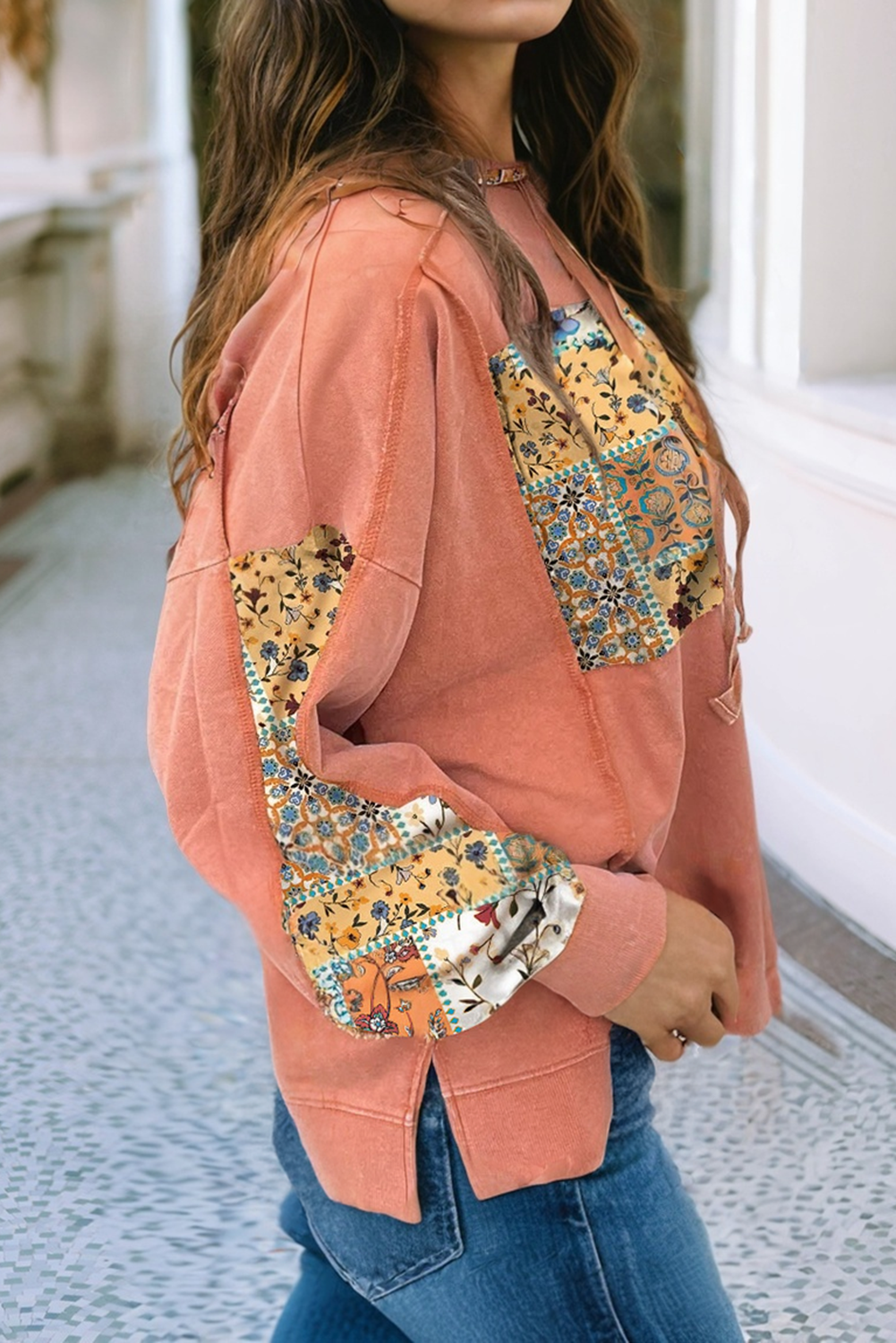 LDC Mix Floral Patchwork Side Slit Drawstring Hoodie