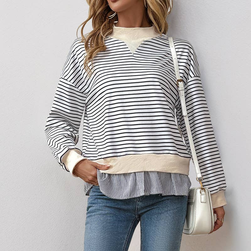 CREW-NECK STRIPED PATCHWORK FAKE TWO T-SHIRTS