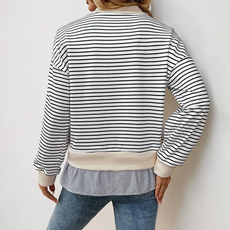 CREW-NECK STRIPED PATCHWORK FAKE TWO T-SHIRTS