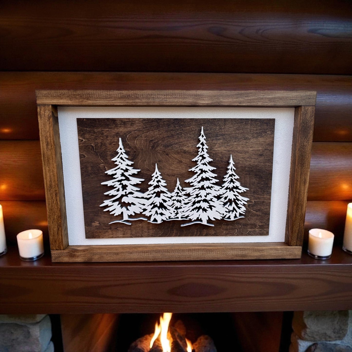 Handcrafted Rustic Snowy Pine Tree Wall Art – Winter Cabin Home Decor with Glittered Forest Design