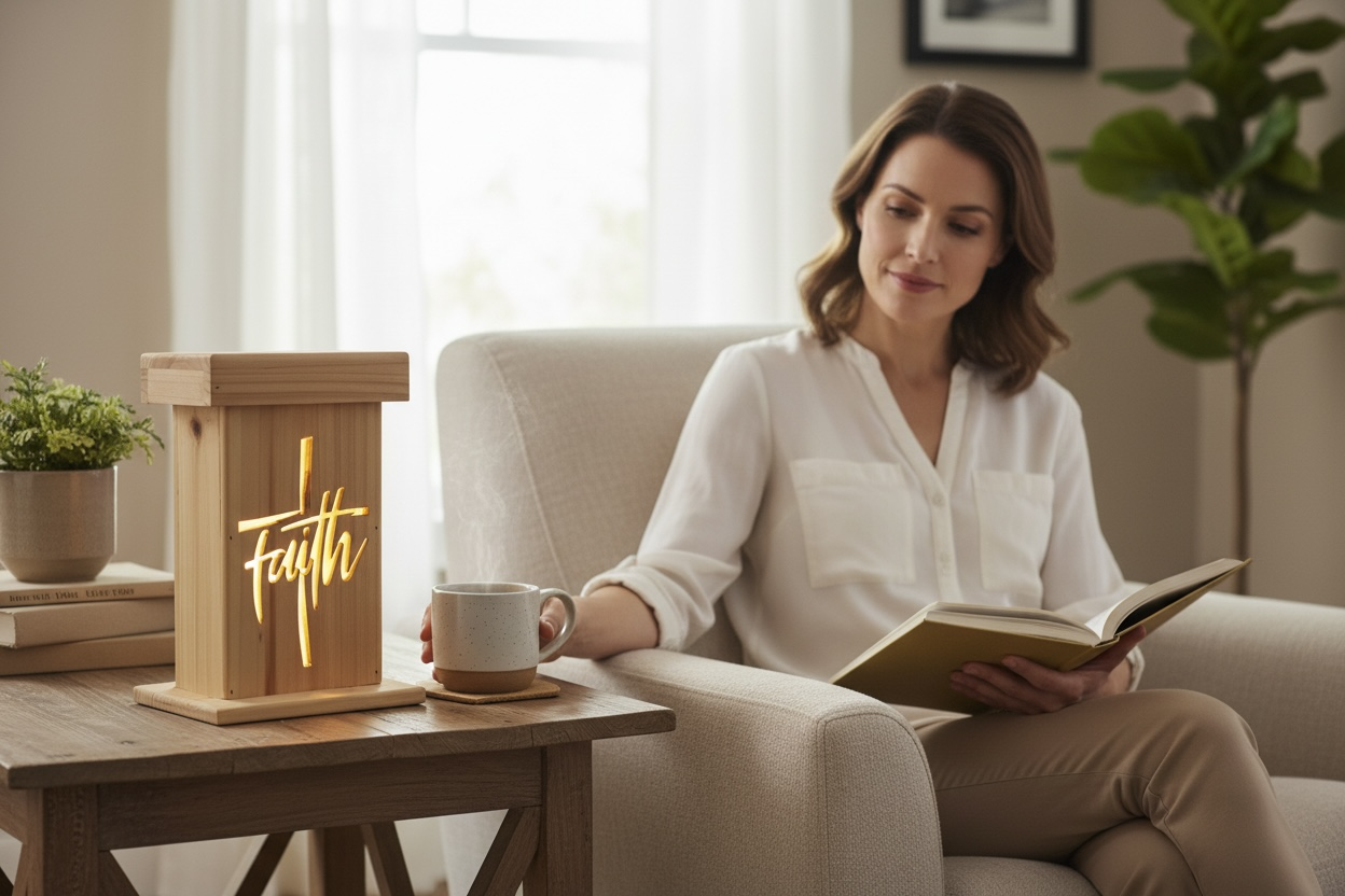 Faith Lantern – Cedar Wood Lighted "Faith" cutout