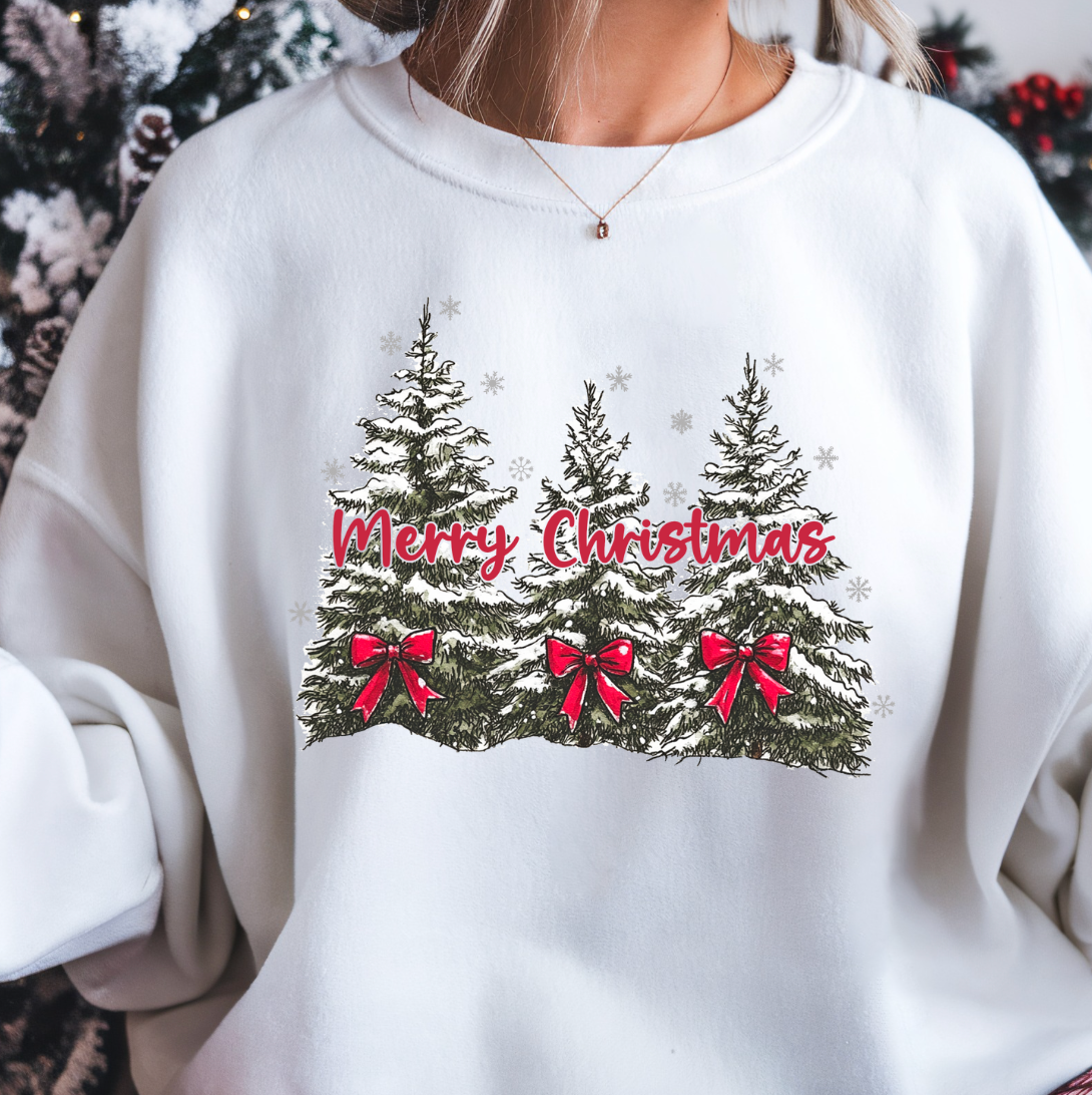 Merry Christmas Sweatshirt – Snowy Christmas Trees Crewneck, Vintage Holiday Tee, Red Bow Christmas Shirt, Cozy Winter Unisex Pullover