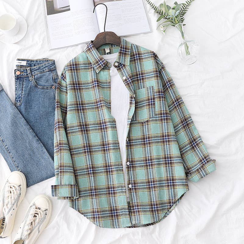 Basic Relaxed plaid cotton blend button shirt jacket Shacket