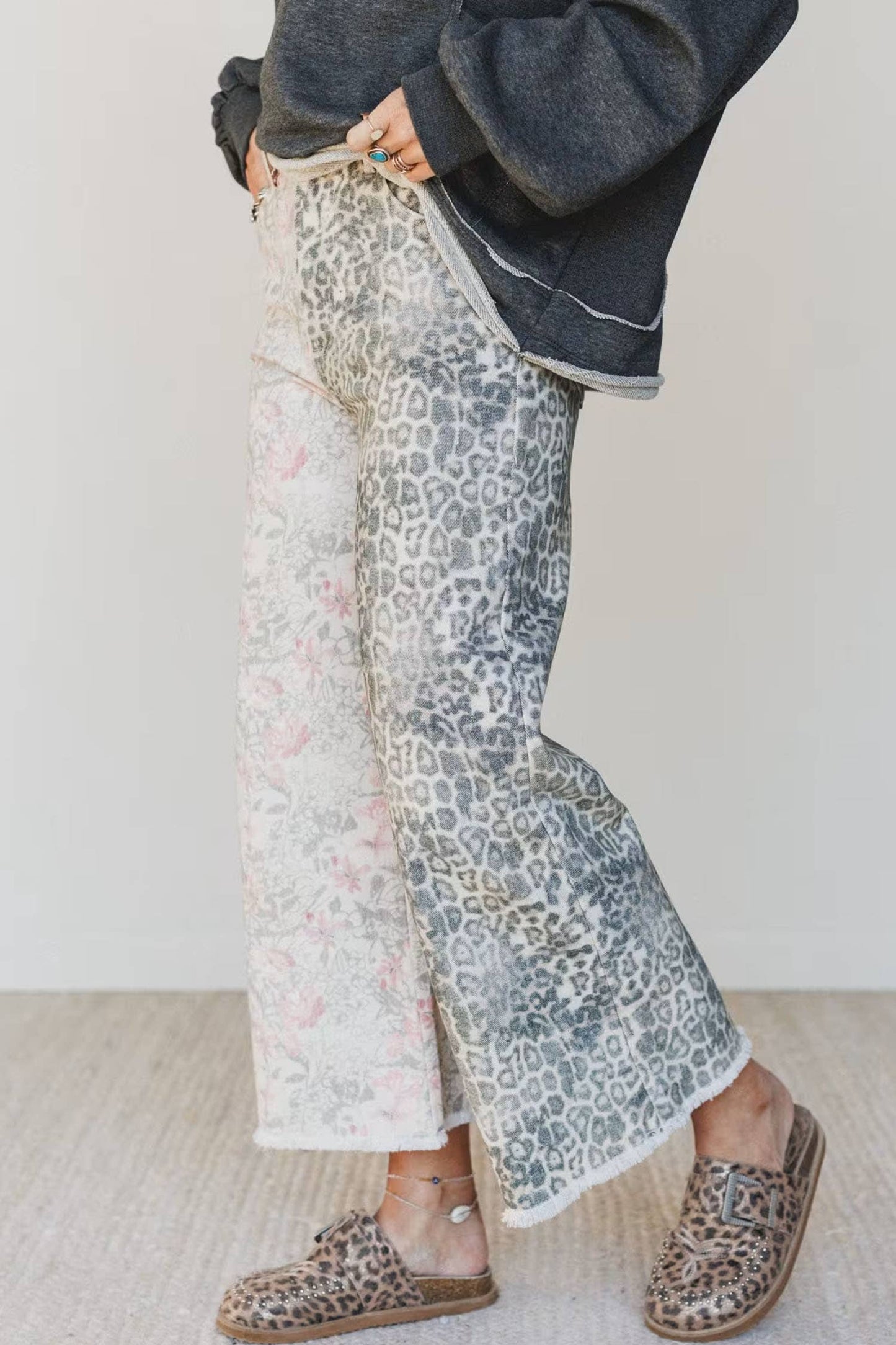 66 Abstract Camo Print Leopard Patchwork Straight Leg Jeans