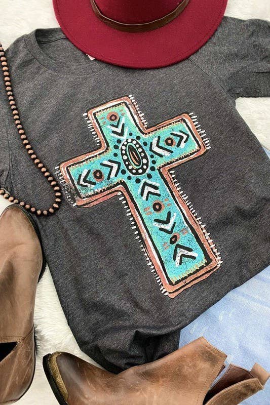 Turquoise Cross Graphic T-Shirt – Faith, Love & Boho Western Style Tee for Women
