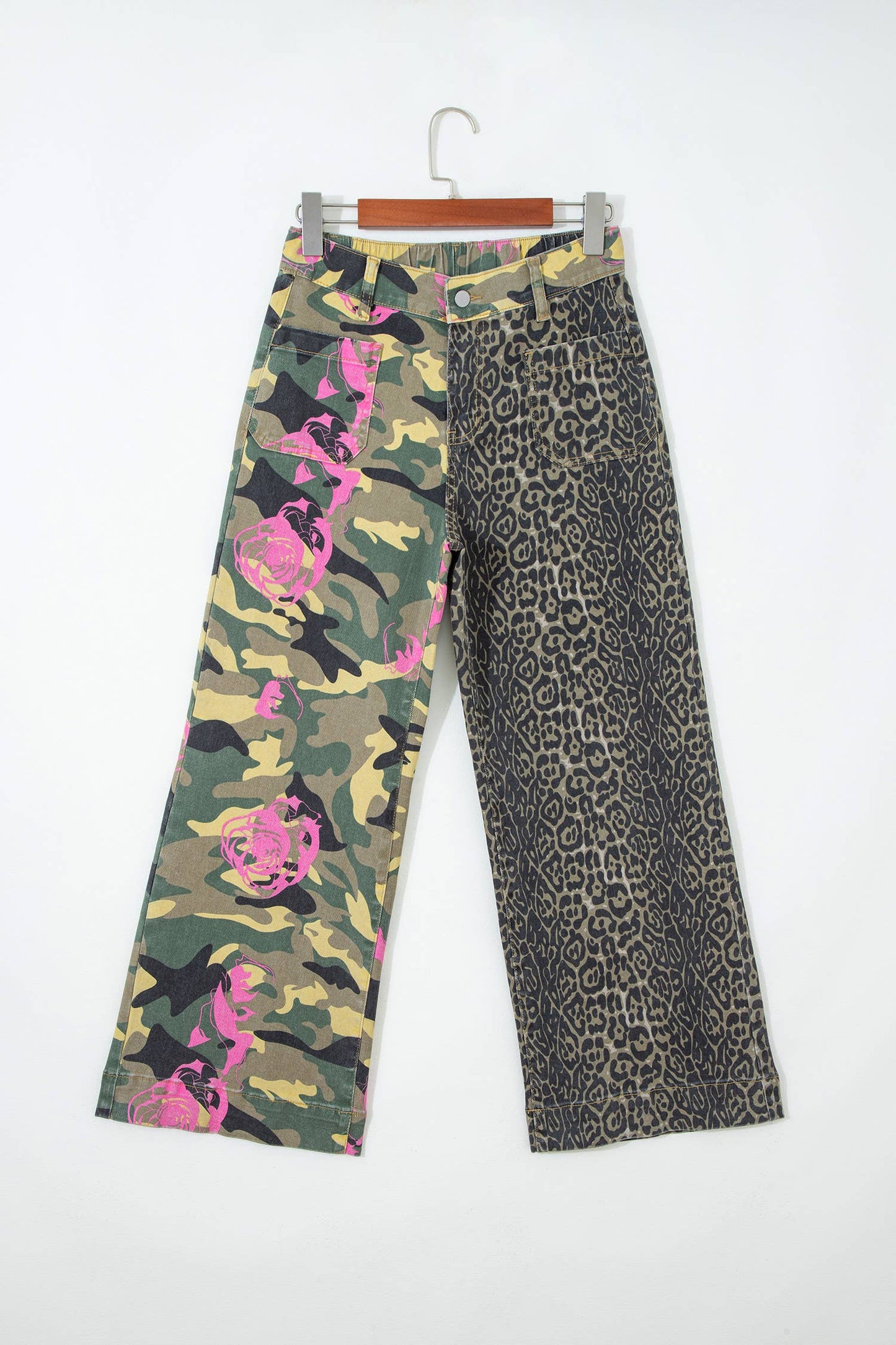 66 Abstract Camo Print Leopard Patchwork Straight Leg Jeans
