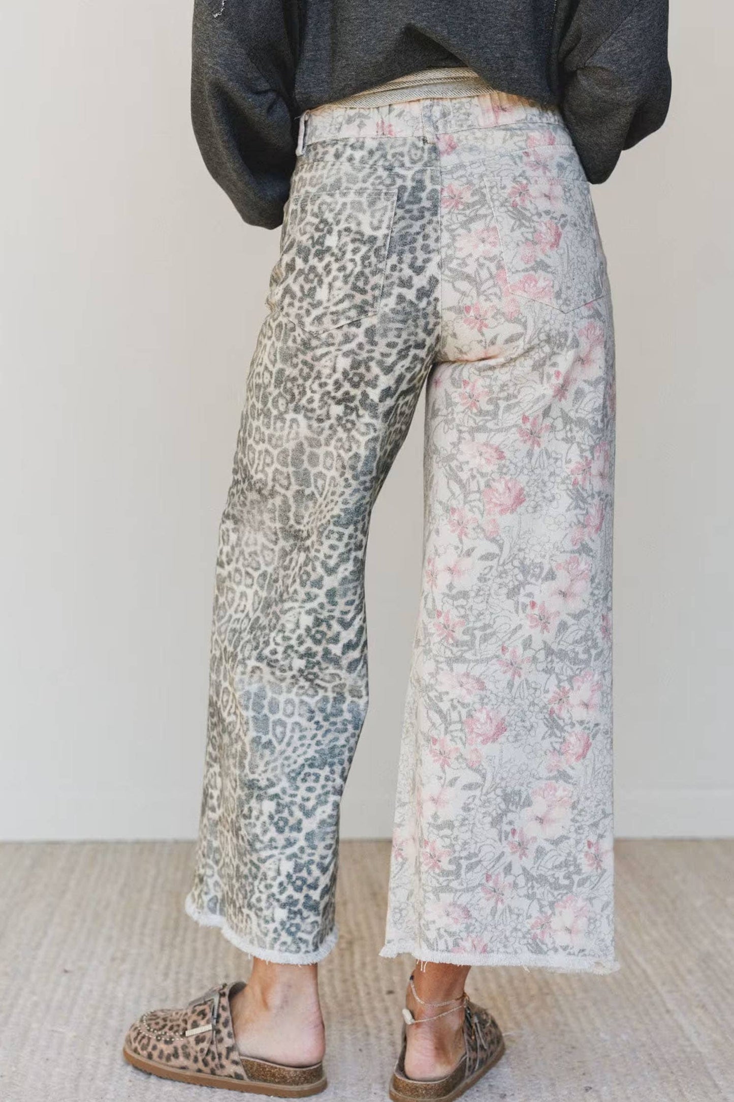 66 Abstract Camo Print Leopard Patchwork Straight Leg Jeans