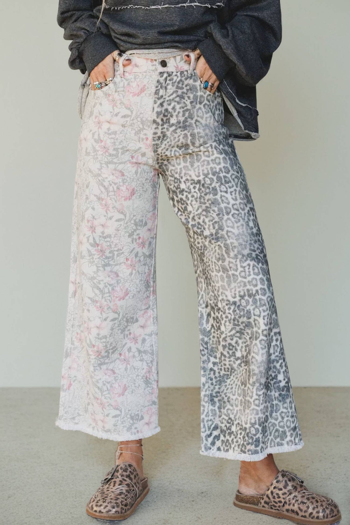 66 Abstract Camo Print Leopard Patchwork Straight Leg Jeans