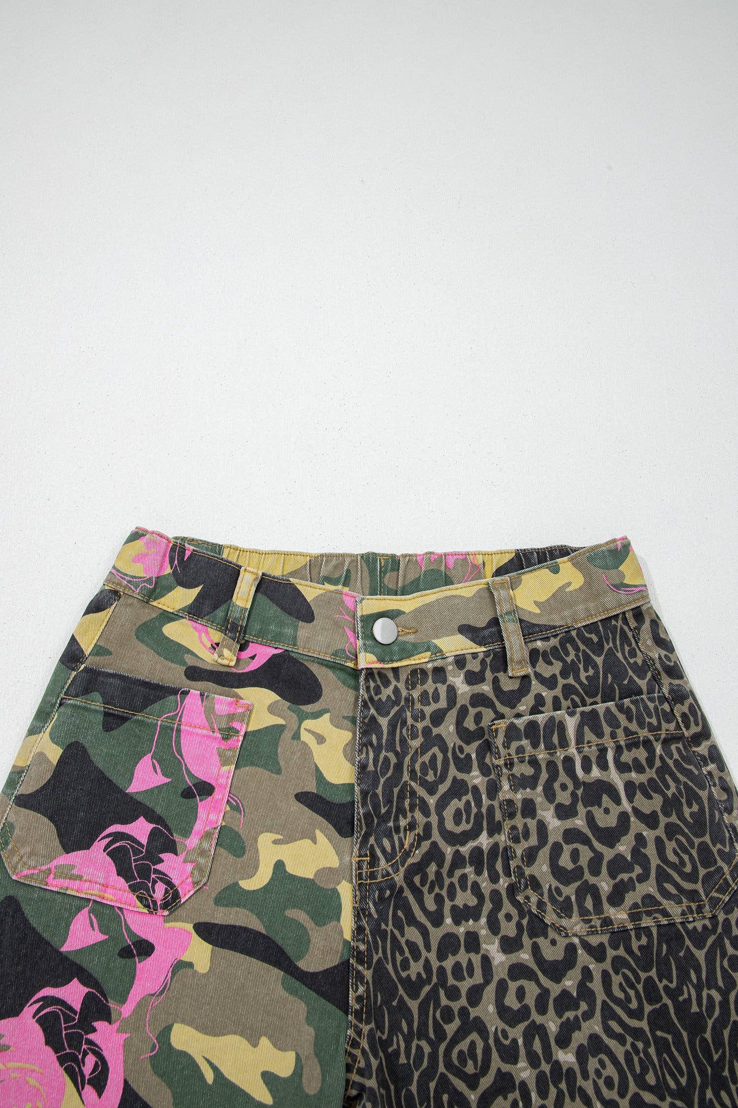66 Abstract Camo Print Leopard Patchwork Straight Leg Jeans