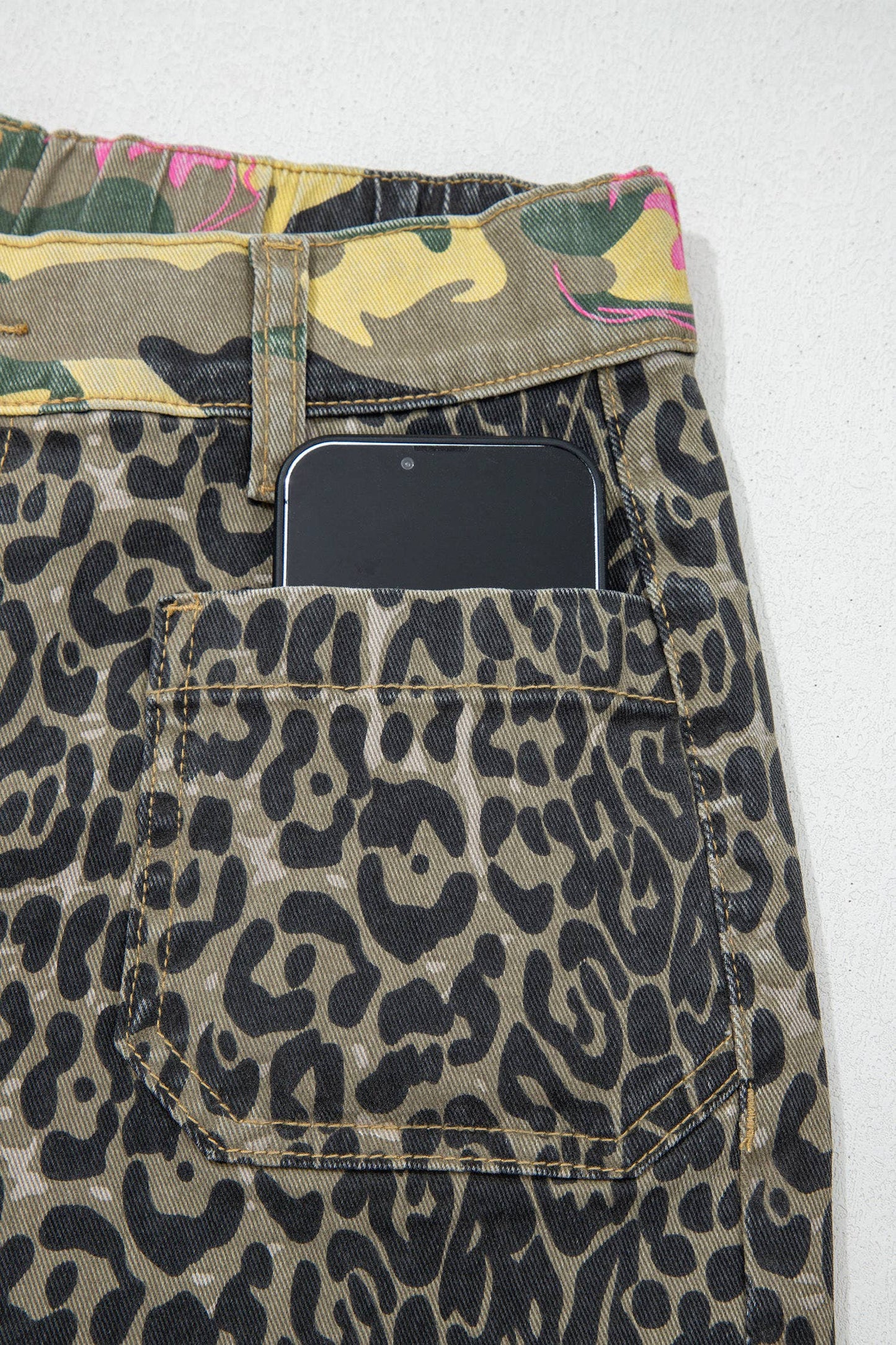 66 Abstract Camo Print Leopard Patchwork Straight Leg Jeans
